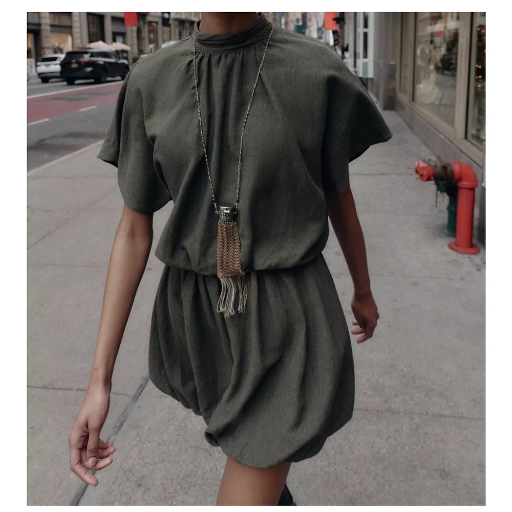 NWT ZARA Mock Neck Olive Puff Dress.  Size M